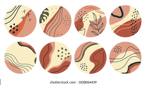 set of various geometric highlight covers. Abstract backgrounds. Various shapes, leaves, lines, spots, dots, doodle objects. Hand drawn templates. Round icons for social media stories