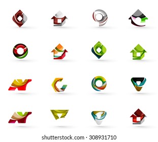 Set of various geometric icons -  rectangles triangles squares or circles. Made of swirls and flowing wavy elements. Business, app, web design logo templates.