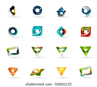 Set of various geometric icons -  rectangles triangles squares or circles. Made of swirls and flowing wavy elements. Business, app, web design logo templates.