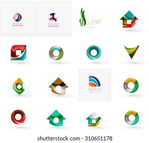 Conjunto de varios iconos geométricos - rectángulos triángulos cuadrados o círculos. Hecho de remolinos y elementos ondulados. Plantilla de logotipo de negocios, aplicaciones, diseño web.