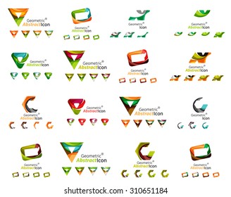 Reihe verschiedener geometrischer Symbole - Rechtecke Dreiecksketten oder Kreise. Hergestellt aus wirbelnden und fließenden gewellten Elementen. Design-Logo-Vorlagen für Business, App und Web-Design.