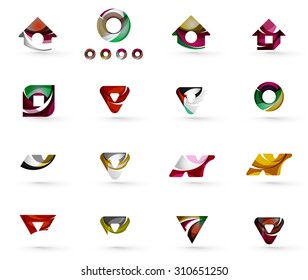 Conjunto de varios iconos geométricos - rectángulos triángulos cuadrados o círculos. Hecho de remolinos y elementos ondulados. Plantillas de logotipo de diseño web, aplicaciones y negocios.