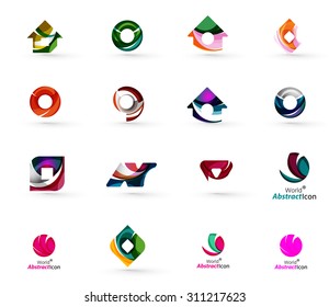 Set of various geometric icons -  rectangles triangles squares or circles. Made of swirls and flowing wavy elements. Business, app, web design logo templates.