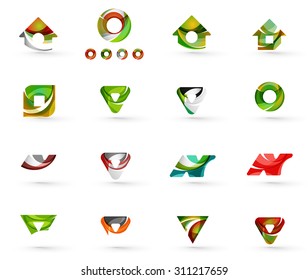 Reihe verschiedener geometrischer Symbole - Rechtecke Dreiecksketten oder Kreise. Hergestellt aus wirbelnden und fließenden gewellten Elementen. Design-Logo-Vorlagen für Business, App und Web-Design.