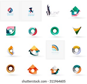 Conjunto de varios iconos geométricos - rectángulos triángulos cuadrados o círculos. Hecho de remolinos y elementos ondulados. Plantilla de logotipo de negocios, aplicaciones, diseño web.