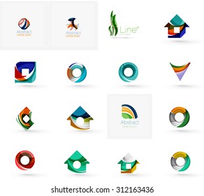 Set of various geometric icons -  rectangles triangles squares or circles. Made of swirls and flowing wavy elements. Business, app, web design logo template.