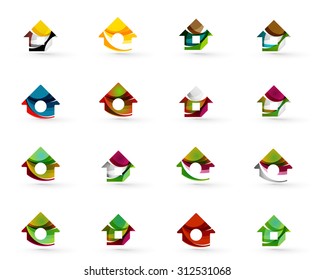 Conjunto de varios iconos geométricos - rectángulos triángulos cuadrados o círculos. Hecho de remolinos y elementos ondulados. Plantillas de logotipo de diseño web, aplicaciones y negocios.
