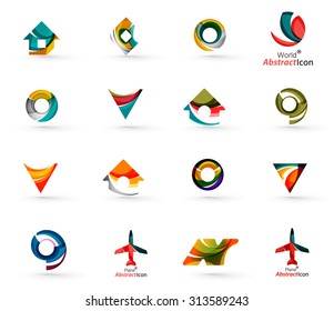 Set of various geometric icons -  rectangles triangles squares or circles. Made of swirls and flowing wavy elements. Business, app, web design logo templates.