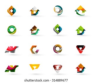 Set of various geometric icons -  rectangles triangles squares or circles. Made of swirls and flowing wavy elements. Business, app, web design logo templates.