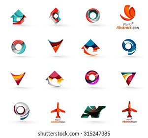 Set of various geometric icons -  rectangles triangles squares or circles. Made of swirls and flowing wavy elements. Business, app, web design logo templates.