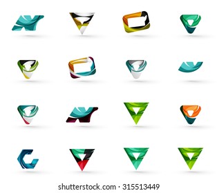 Set of various geometric icons -  rectangles triangles squares or circles. Made of swirls and flowing wavy elements. Business, app, web design logo templates.