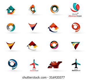 Set of various geometric icons -  rectangles triangles squares or circles. Made of swirls and flowing wavy elements. Business, app, web design logo templates.