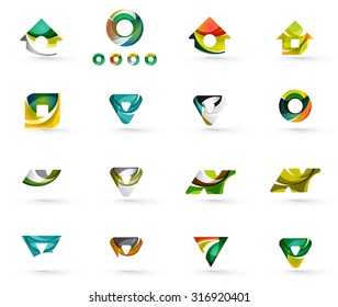 Conjunto de varios iconos geométricos - rectángulos triángulos cuadrados o círculos. Hecho de remolinos y elementos ondulados. Plantillas de logotipo de diseño web, aplicaciones y negocios.