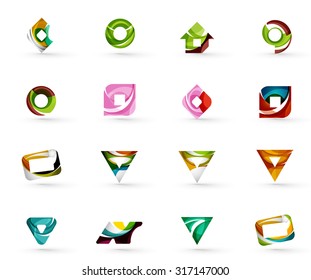 Set of various geometric icons -  rectangles triangles squares or circles. Made of swirls and flowing wavy elements. Business, app, web design logo templates.