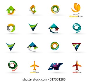 Conjunto de vários ícones geométricos - retângulos triângulos quadrados ou círculos. Feito de redemoinhos e elementos ondulados fluindo. Modelos de logotipo de design para empresas, aplicativos e Web.