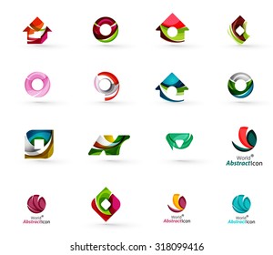 Set of various geometric icons -  rectangles triangles squares or circles. Made of swirls and flowing wavy elements. Business, app, web design logo templates.