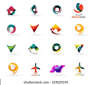 Set of various geometric icons -  rectangles triangles squares or circles. Made of swirls and flowing wavy elements. Business, app, web design logo templates.