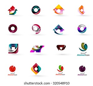 Conjunto de varios iconos geométricos - rectángulos triángulos cuadrados o círculos. Hecho de remolinos y elementos ondulados. Plantillas de logotipo de diseño web, aplicaciones y negocios.