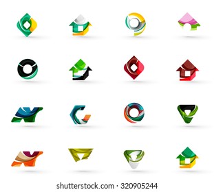 Set of various geometric icons -  rectangles triangles squares or circles. Made of swirls and flowing wavy elements. Business, app, web design logo templates.