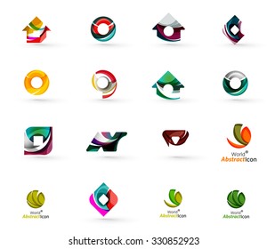 Set of various geometric icons -  rectangles triangles squares or circles. Made of swirls and flowing wavy elements. Business, app, web design logo templates.