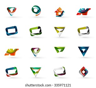 Set of various geometric icons -  rectangles triangles squares or circles. Made of swirls and flowing wavy elements. Business, app, web design logo templates.