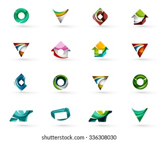 Conjunto de varios iconos geométricos - rectángulos triángulos cuadrados o círculos. Hecho de remolinos y elementos ondulados. Plantillas de logotipo de diseño web, aplicaciones y negocios.