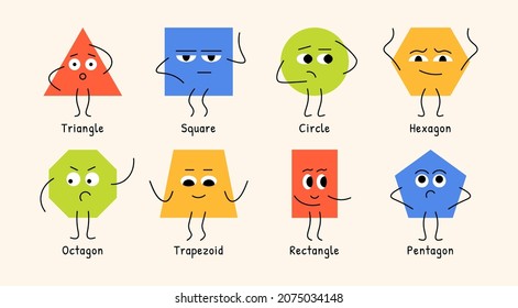 Set of various geometric shapes. Basic geometry figures with face emotions. Hand drawn abstract funny characters. Vector illustration