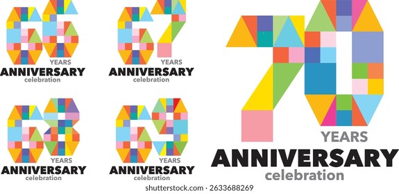 set of various geometric shapes colorful number 66 67 68 69 70 with words YEARS ANNIVERSARY celebration in the bottom on white background.
