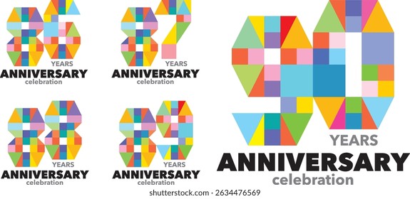 conjunto de várias formas geométricas número colorido 86 87 88 89 90 com palavras ANIVERSÁRIO de anos celebração na parte inferior sobre fundo branco.