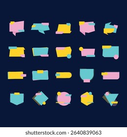 Set of various geometric shapes and graphic design elements in vibrant colors, perfect for use as stickers, posters, banners, or other marketing materials.  The shapes are a combination of rectangles