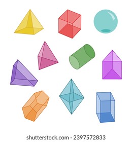 Satz verschiedener geometrischer Formen. Isometrische Sicht. Handgezeichnete Vektorgrafik einzeln auf weißem Hintergrund. Moderner Cartoon-Stil