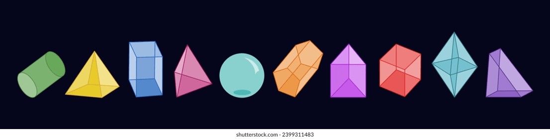 Set of various geometric shapes. Rhombus, cylinder, sphere, pyramid, cube, parallelepiped, prism. Isometric view. Hand drawn vector illustration isolated on black background. Modern flat cartoon style