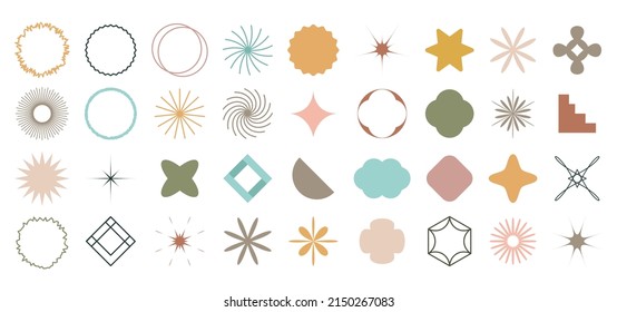 Set of Various Geometric shapes for web, advertisement, commercial banner, poster, leaflet, billboard, sale. Different Figures. Elements of decorations, sparkles, stars, frames, geometric flowers etc.