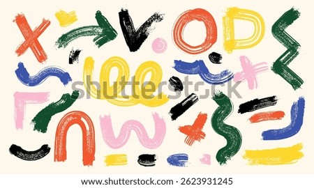 Set of with various geometric trendy shape. Abstract brush drawn geometric figures, objects ornament. Collection of arrow, circles, swirls, asterisk, curved bold lines. Vector bright color pattern.