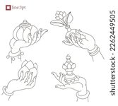 Set of various gestures. Buddha hands, Guanyin hands, beautiful hands. Hold the object. Simple and exquisite art curve.