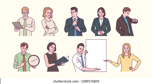 Set of various gestures of business people. hand drawn style vector design illustrations. 