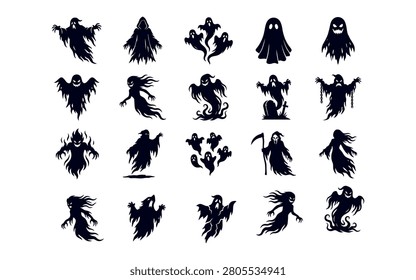 A set of various ghost and specter silhouettes, perfect for halloween themed designs and illustrations. The distinctive black silhouette style adds a spooky effect.