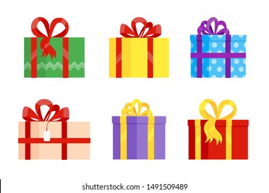Set of various gift boxes with big ribbon and bow on it flat style design vector illustration isolated on white background. Wrapped present for holidays for you.