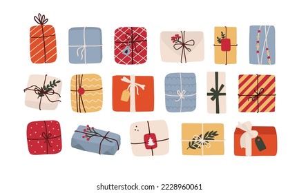 Set of various gift boxes in festive wrapping paper with bows and floral decor. Wrapped presents and packages in different shapes for Birthday, Christmas holiday. Vector illustration in flat style