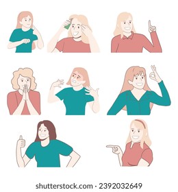 A set of various girl positions, hand-drawn vector style illustration, which capture a variety of charming expressions and gestures.