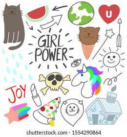 Set of various girl power doodles, cute, illustration, joy cartoon
