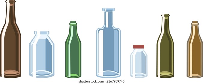 Set of various glass bottles and jars. Glass waste. Empty bottles isolated on white background
