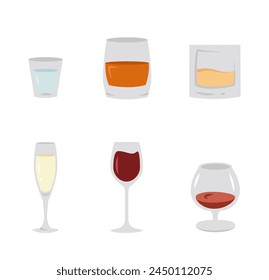 Set of various glasses with alcoholic drinks. Set of glasses with drinks. Cognac, Wine, Champagne, Cognac, Whiskey. Vector illustration in flat style