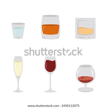 Set of various glasses with alcoholic drinks. Set of glasses with drinks. Cognac, Wine, Champagne, Cognac, Whiskey. Vector illustration in flat style