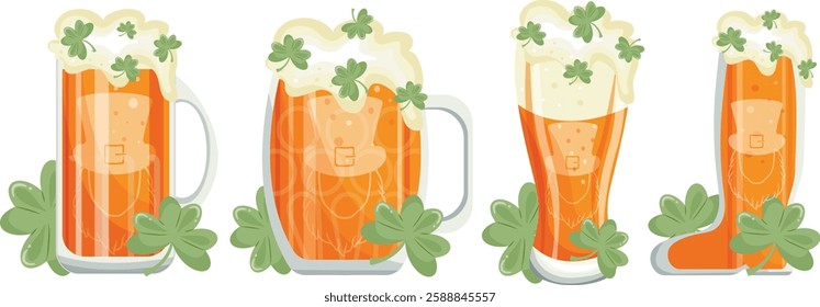 set of various glasses with leprechaun print with beer and shamrock, for various designs for St. Patrick's Day