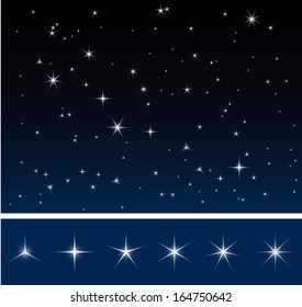 Set of various glittering stars, dark night sky with stars