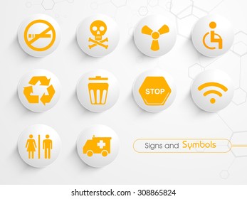 Set of various glossy signs and symbols on molecules background.