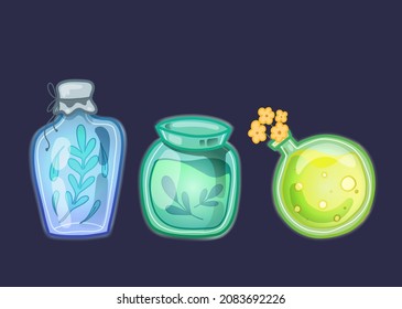 Set of various glowing magical potions and antidotes on dark background. Alchemy and Potion Making. Witch tinctures. Vector hand drawn flat bottles and flasks for mobile games, stickers, applications