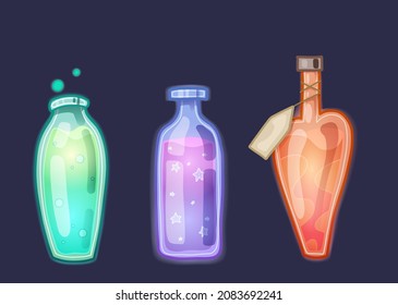 Set of various glowing magical potions, poisons and antidotes. Alchemy and Potion Making. Witch tinctures. Vector hand drawn flat bottles, flasks and jars for mobile games, stickers, applications