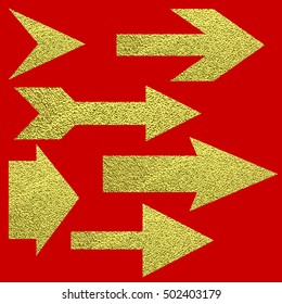 Set of various gold arrow symbol. . Vector isolated on red background. Directional pointer or symbol of growth. Arrow for making logos, icons for your design